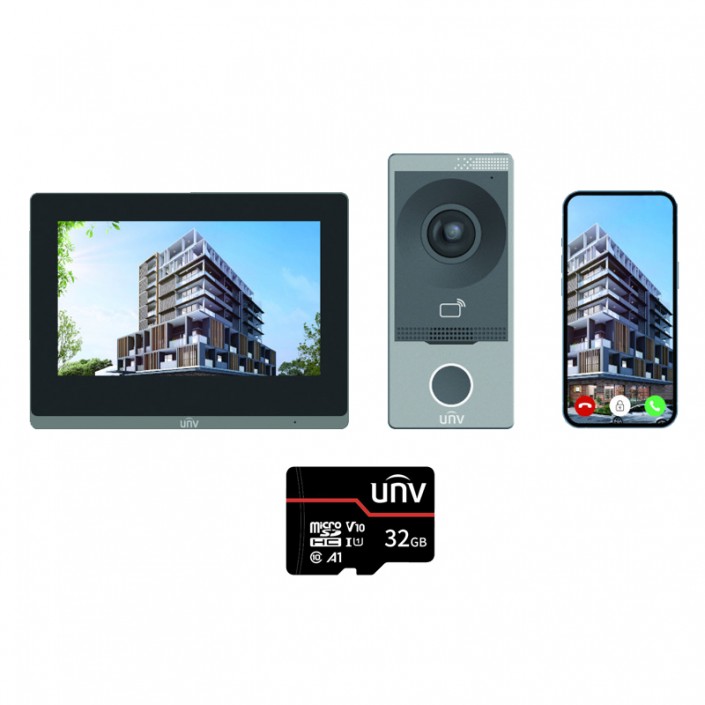 Videointerfon IP UNV KIT/201S/372S, 7-inch, WiFi, IR, IC card reader, Mic, Speaker, 32Gb mSD