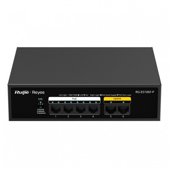 Коммутатор PoE Ruijie Reyee RG-ES106F-P, 4xPoE, 2xLAN, max. 54W