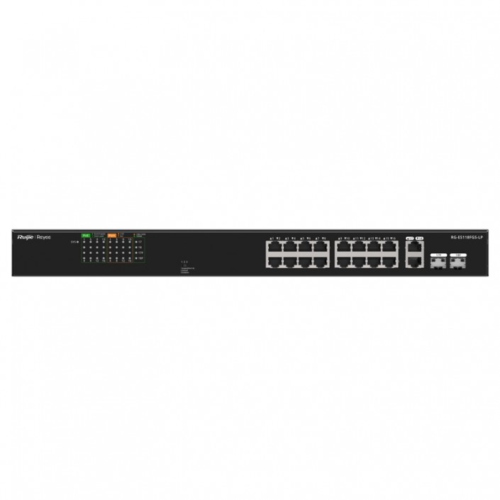 Коммутатор PoE Ruijie Reyee RG-ES118FGS-LP, 16xPoE, 2xUpLink/SFP (combo), max. 120W