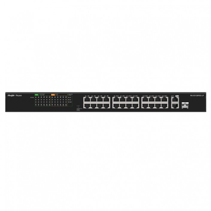 Коммутатор PoE Ruijie Reyee RG-ES126FGS-LP, 24xPoE, 2xUpLink/1xSFP (combo), max. 180W