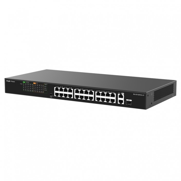 Коммутатор PoE Ruijie Reyee RG-ES126FGS-LP, 24xPoE, 2xUpLink/1xSFP (combo), max. 180W